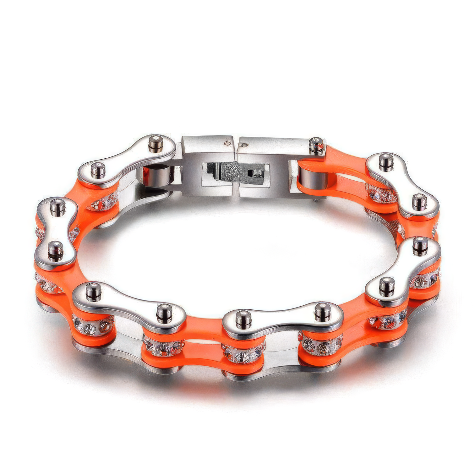 Cycolinks Orange Silver Crystal bike chain bracelet lifestyle image