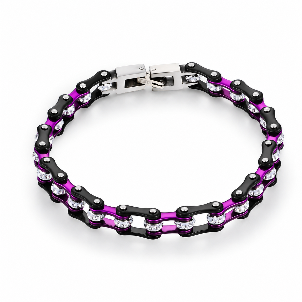 Purple Crystal Bike Chain Bracelet – 7mm, complete bracelet on a white background