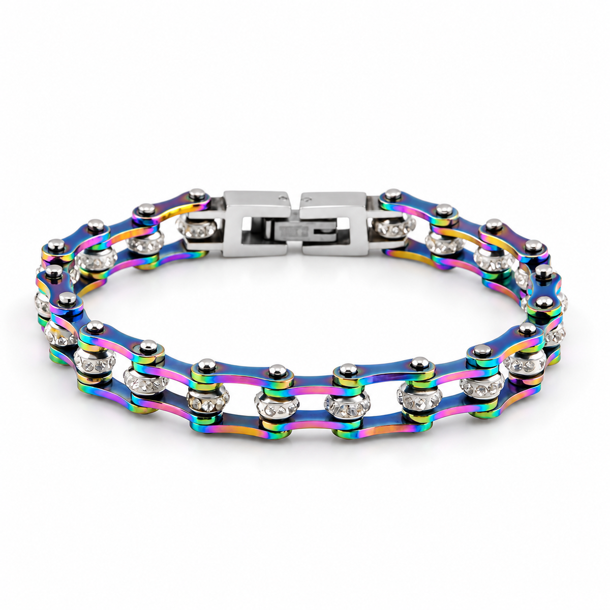 Rainbow Crystal Bike Chain Bracelet – 7mm, complete bracelet on a white background