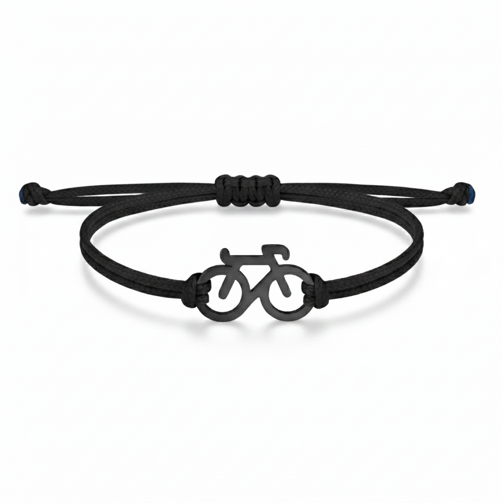 Black bicycle-themed bracelet on a white background