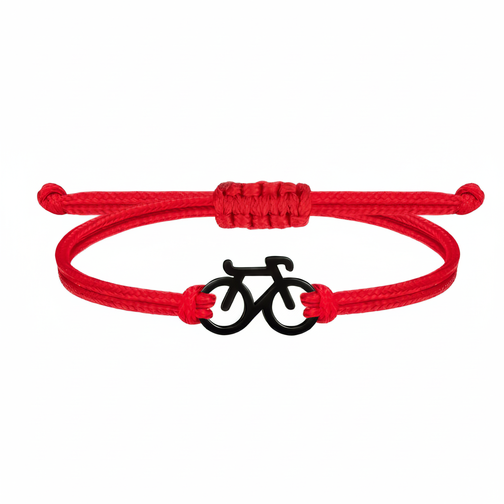 Red bracelet with a black bicycle charm on a white background