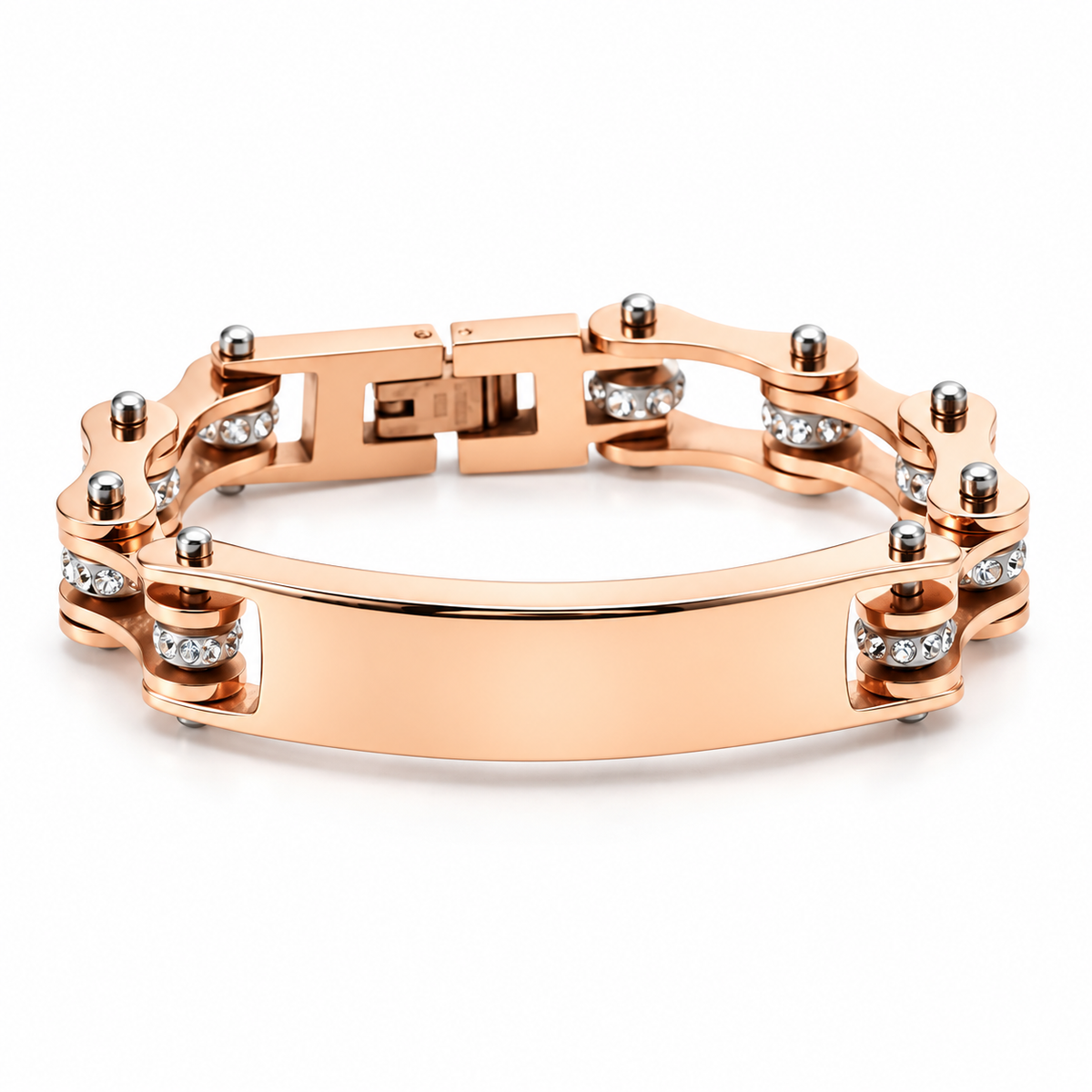 Cycolinks Custom 10mm Rose Gold Crystal Personalised ID Bracelet – clean product view with blank engraving plate