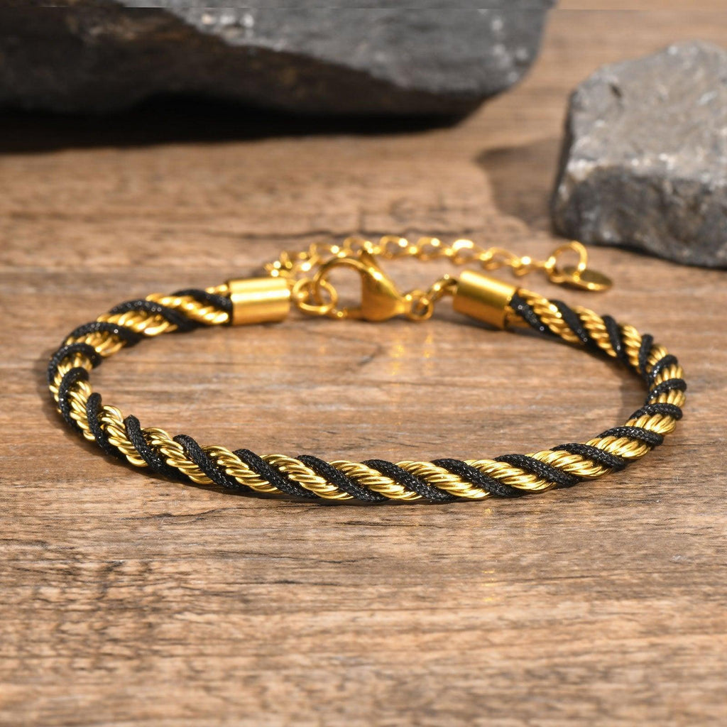 Stainless Steel Black Braided Rope Twist Bracelet Styled with Casual and Elegant Outfits
