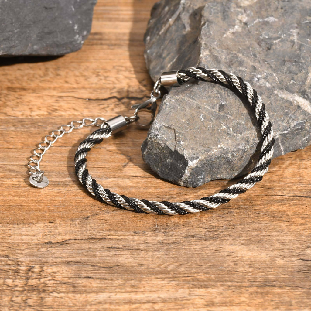 Cycolinks Stainless Steel Black Braided Rope Twist Bracelet - Silver Variant
