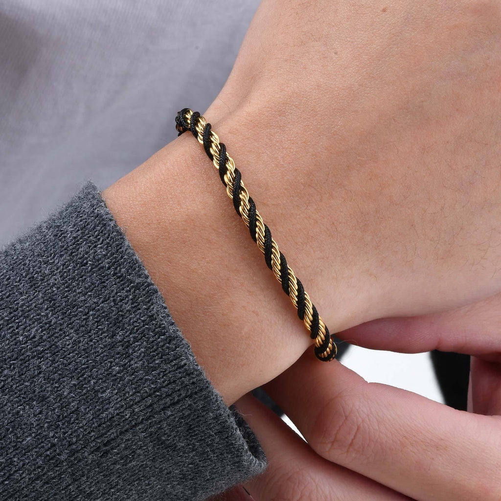 Cycolinks Stainless Steel Black Braided Rope Twist Bracelet - Gold Variant
