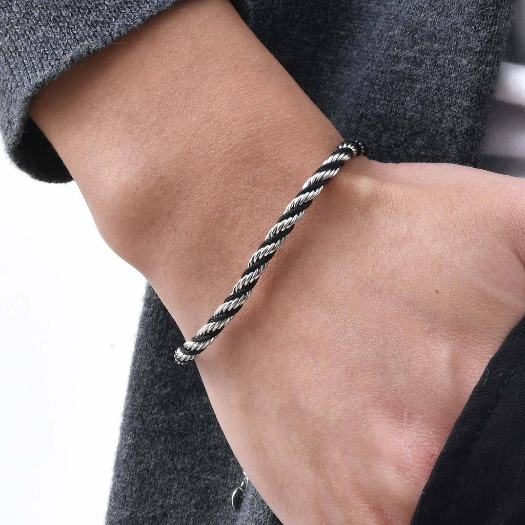Cycolinks Stainless Steel Black Braided Rope Twist Bracelet - Silver Variant
