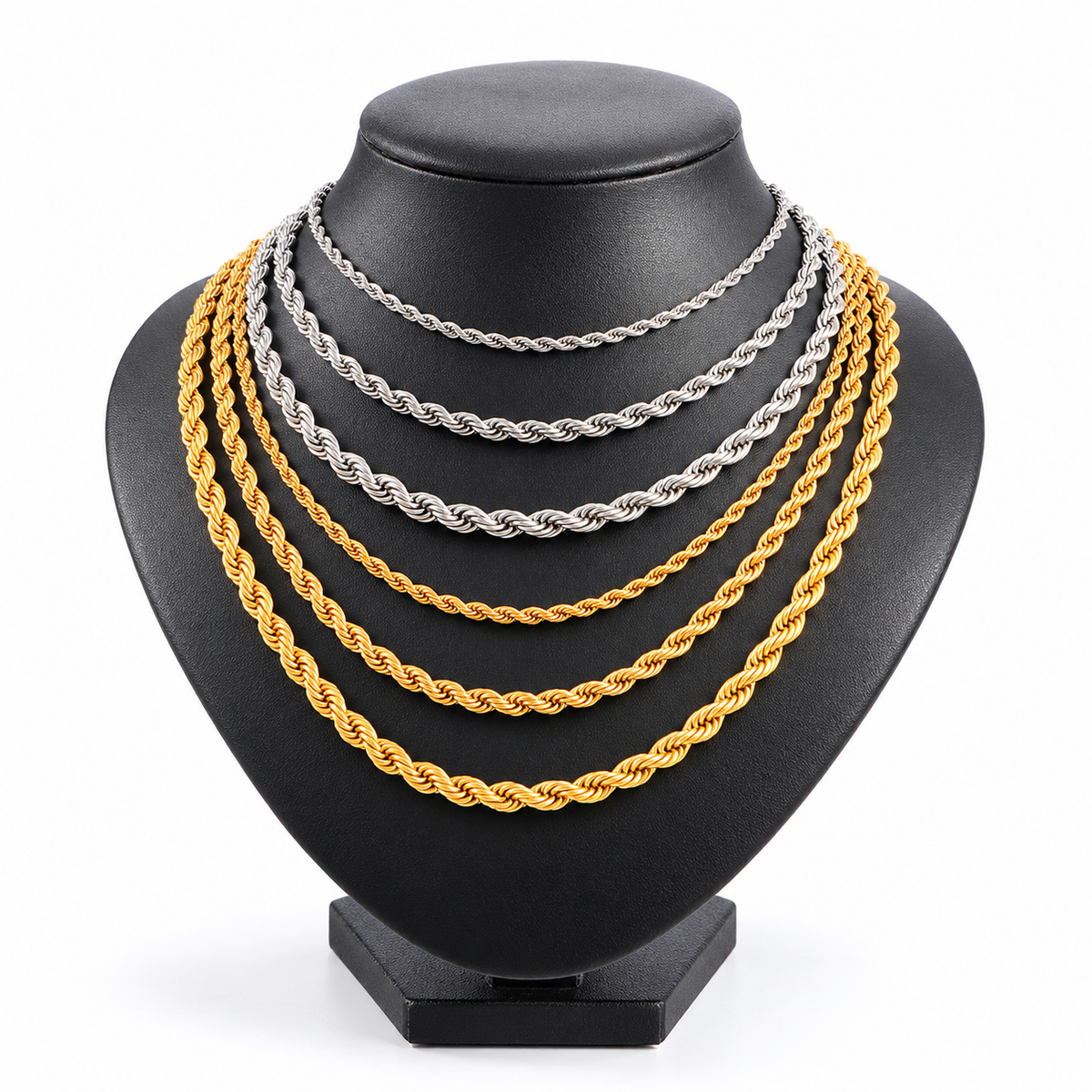 Silver and Gold Cycolinks stainless steel rope chains in three widths on a necklace display