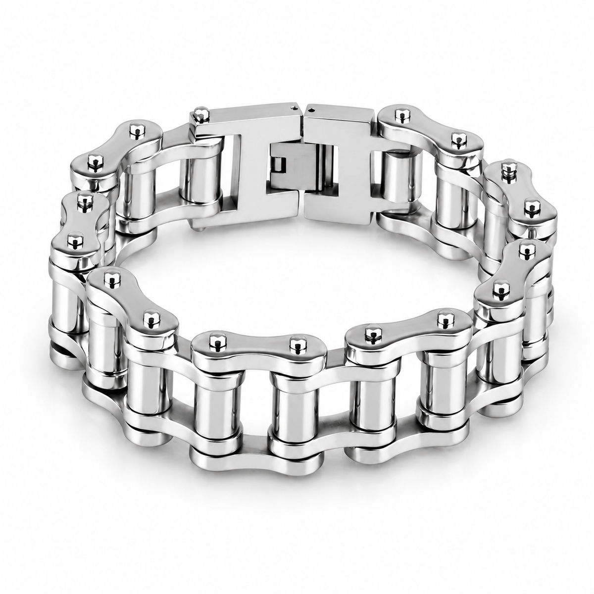 The Beast all-silver bike chain bracelet showing polished links, silver rollers and its locking clasp