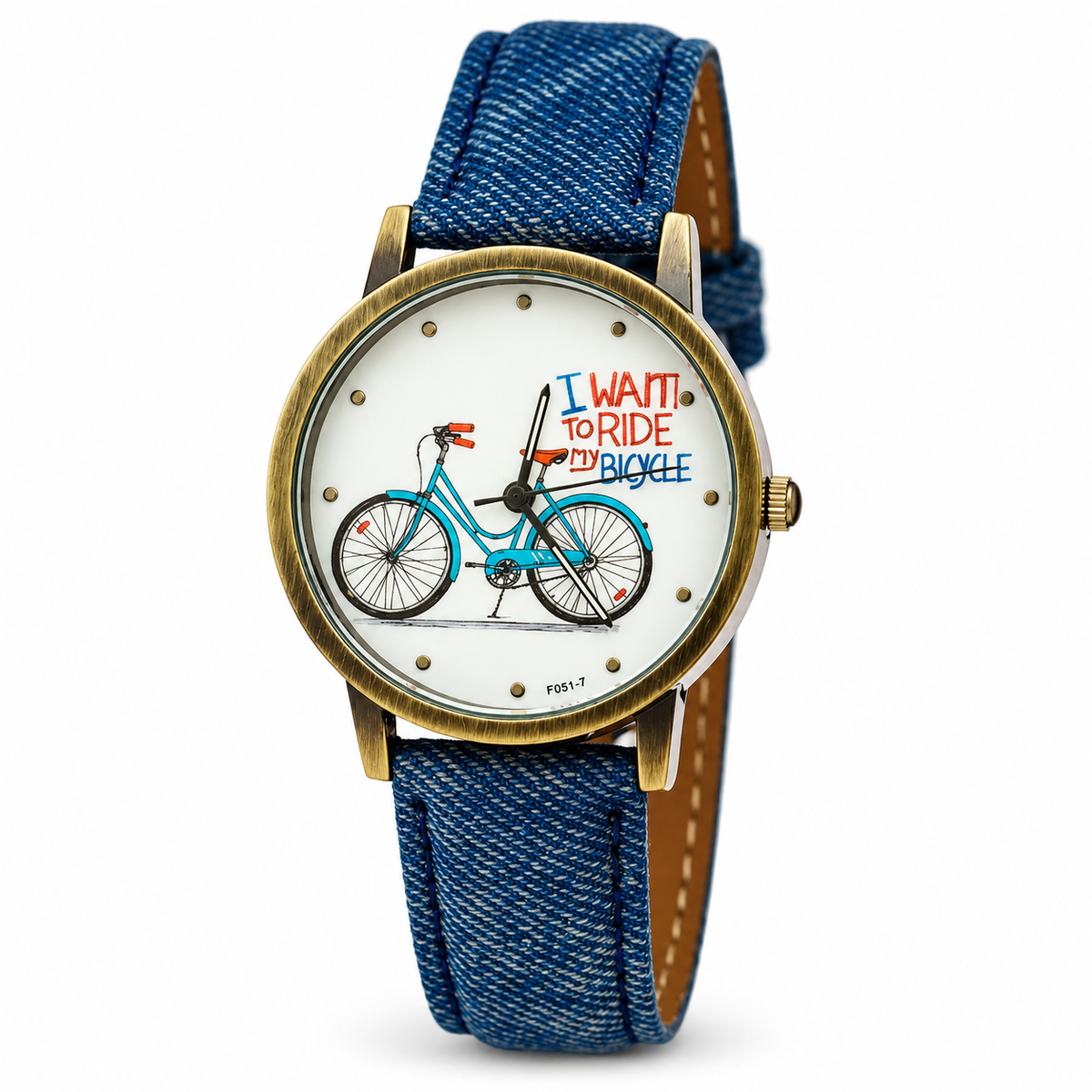 Cycolinks Vintage Bicycle Denim Watch in Denim Blue with I Want To Ride My Bicycle dial