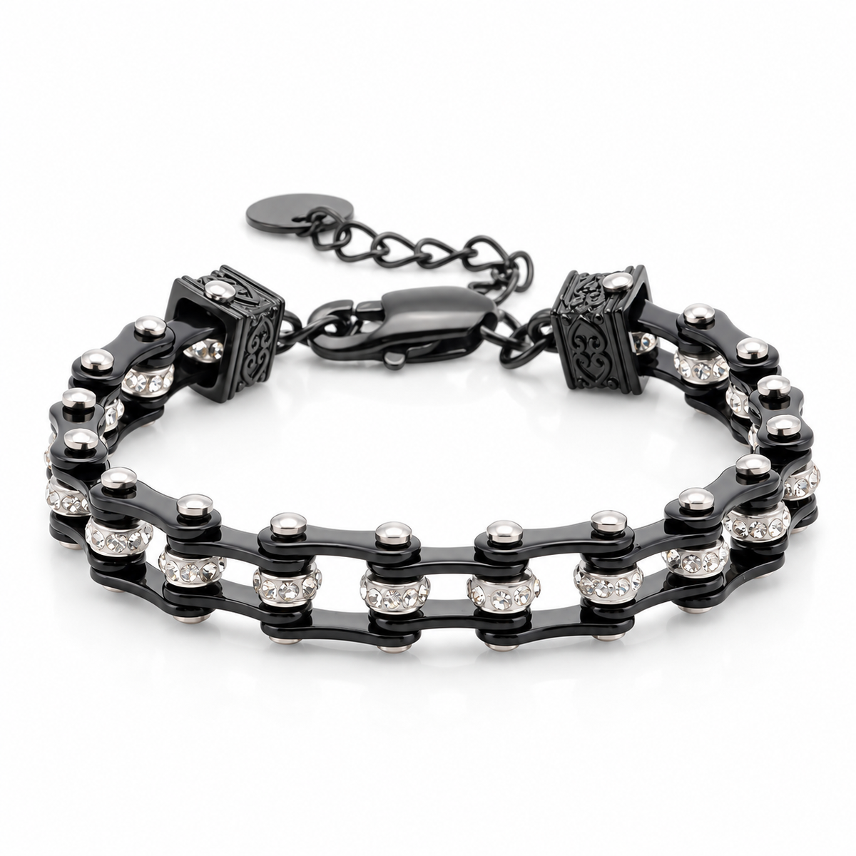 Black Crystal Charm Bike Chain Bracelet – Adjustable, complete bracelet on a white background