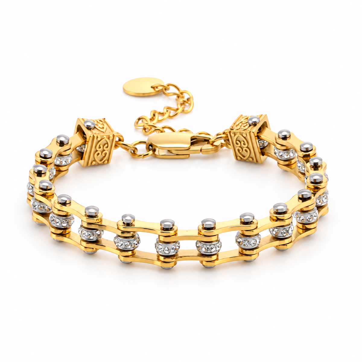 Gold Crystal Charm Bike Chain Bracelet – Adjustable, complete bracelet on a white background