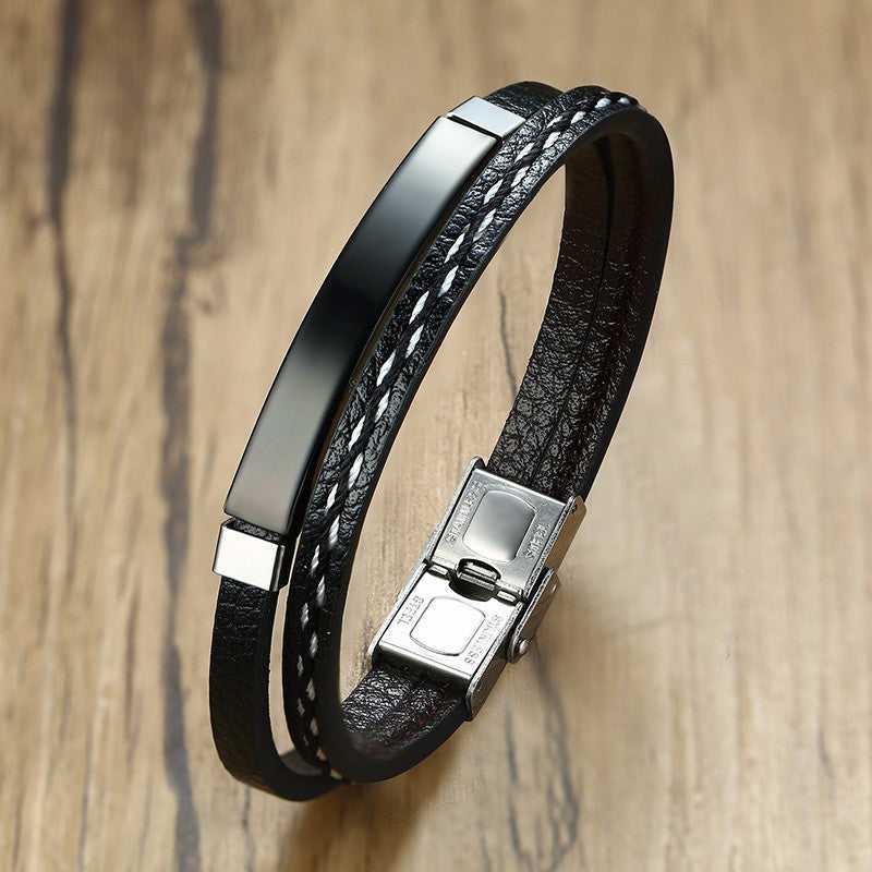Cycolinks Custom Engraving Stainless Steel Leather Bracelet - Cycolinks