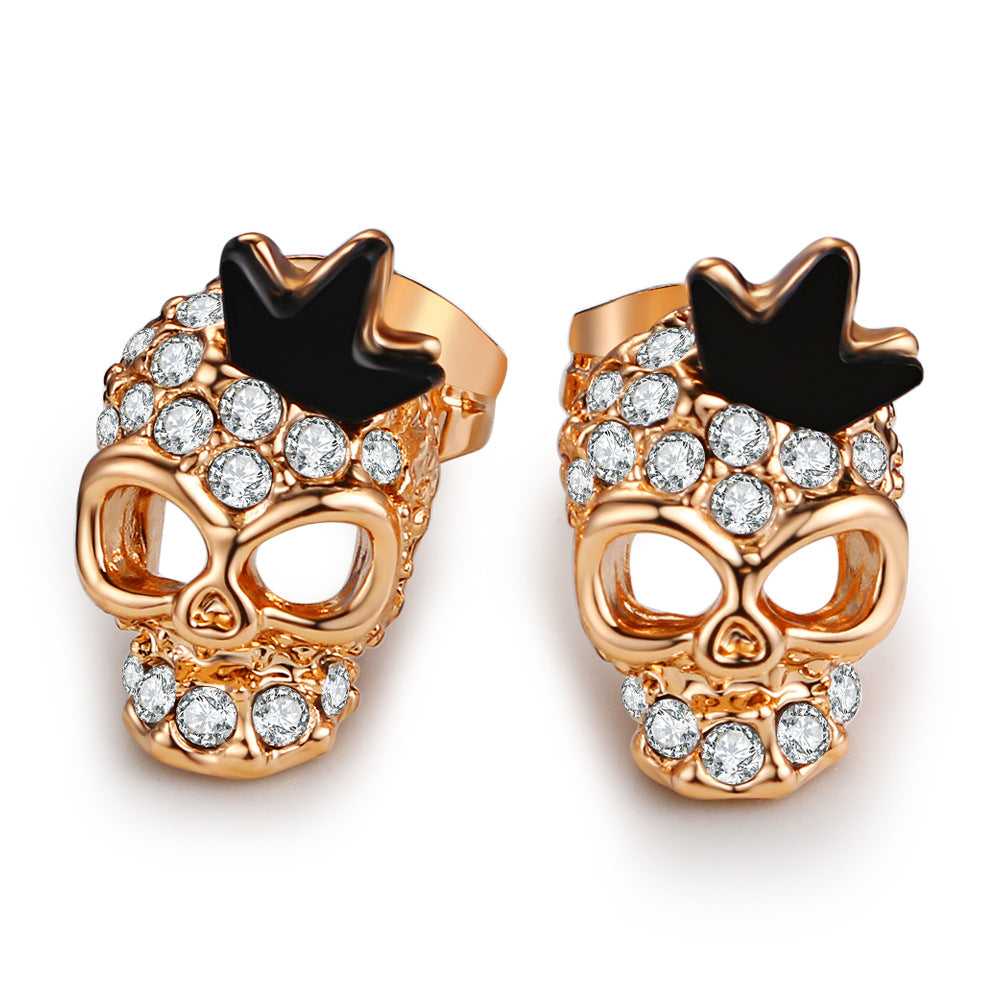Skull Crown Crystal Stud Earrings in Rose Gold colour