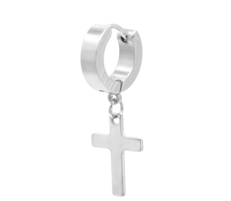 Stainless Steel Cross Drop Earrings in Silver colour