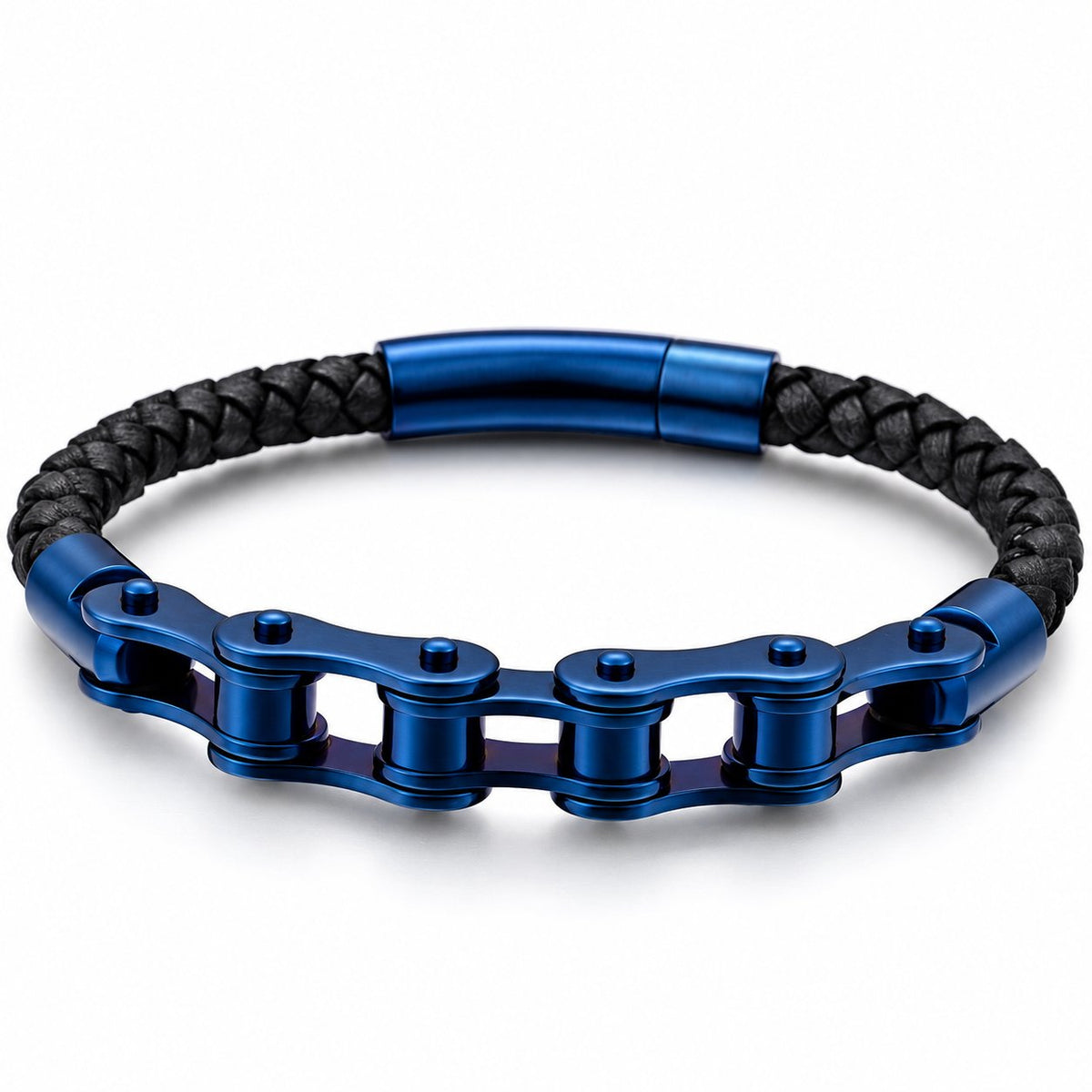 blue Leather Bike Chain Bracelet with black braided leather on a white background