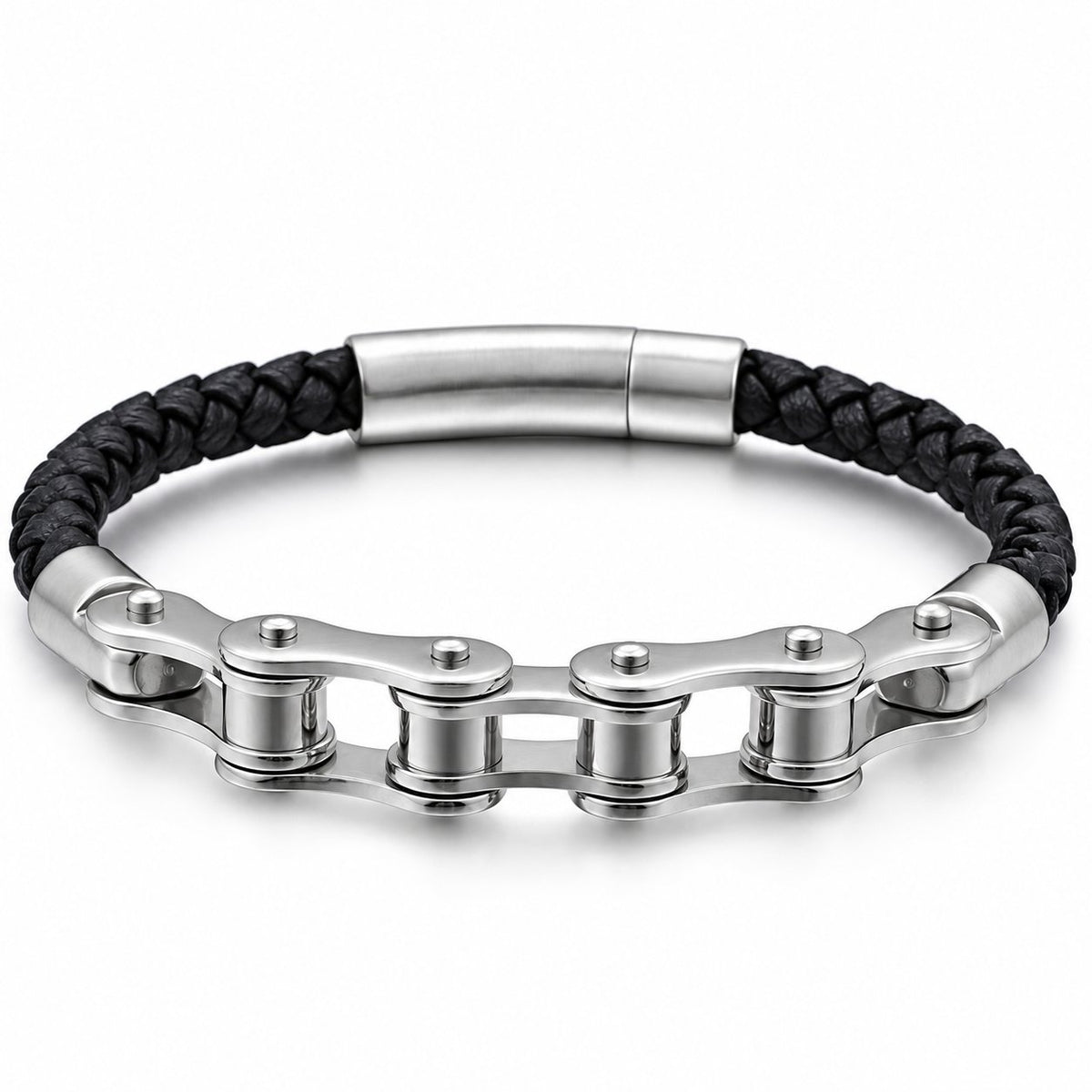 silver Leather Bike Chain Bracelet with black braided leather on a white background