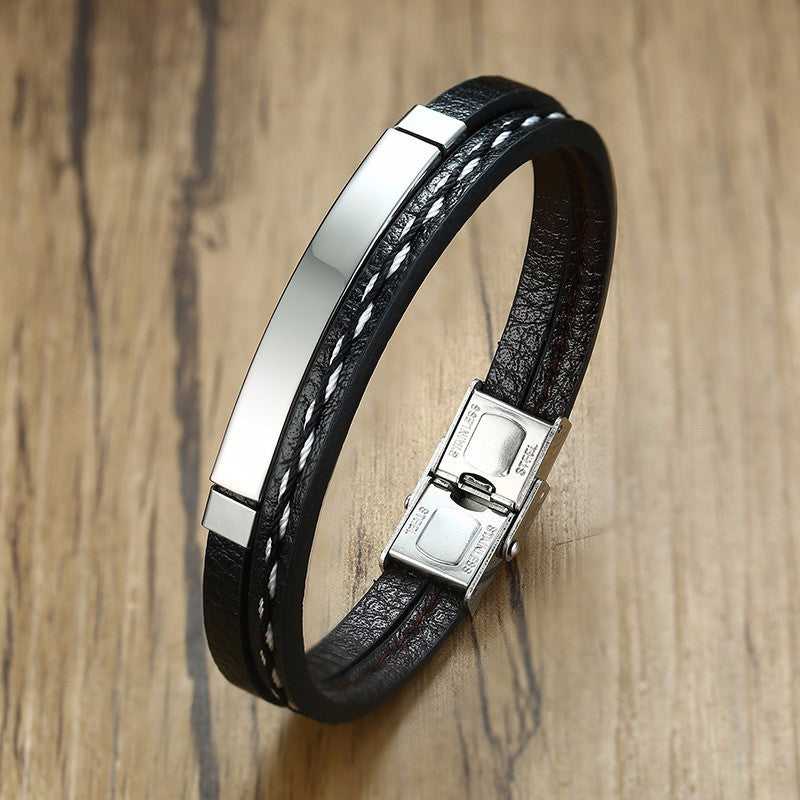 Personalised Stainless Steel & Leather Bracelet in Silver colour