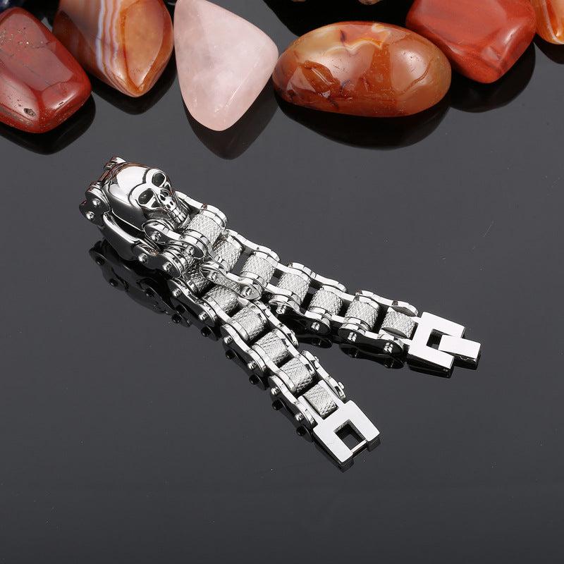 Qiaonitu 24mm Heavy Duty Stainless Steel Biker Chain Bracelet - Skull Design, Silver/Black, Men's Motorcycle Jewelry