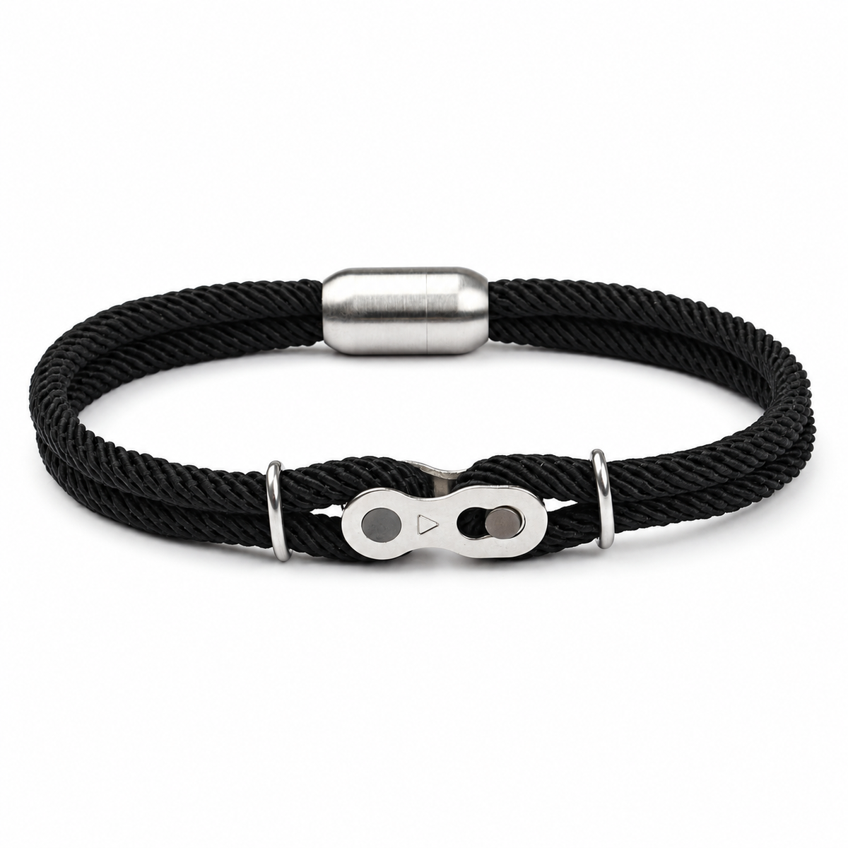 Black twisted-cord split link bracelet with silver bicycle quick link, retaining rings and magnetic barrel clasp on white