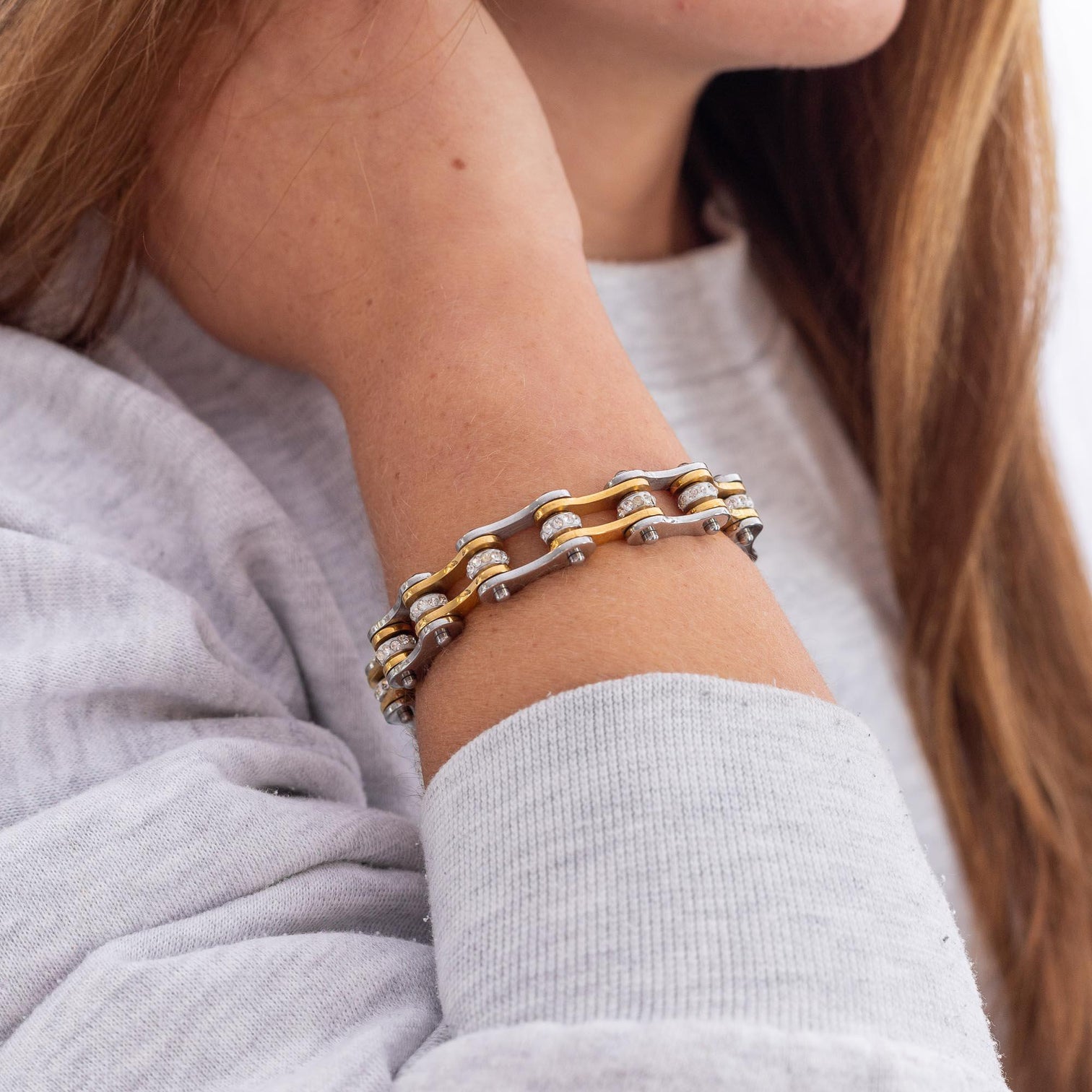 Cycolinks Titanium Gold Crystal Bike Chain Bracelet worn on wrist