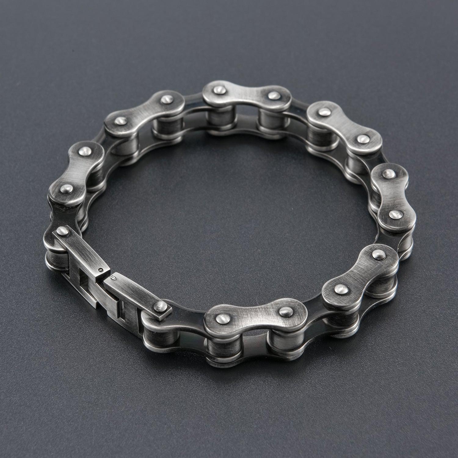 Close-up detail of 316L stainless steel vintage rustic finish bike chain bracelet