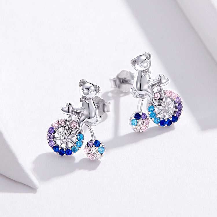 Cycolinks 925 Sterling Silver Cute Bicycle Zircon Stud Earrings - Cycolinks