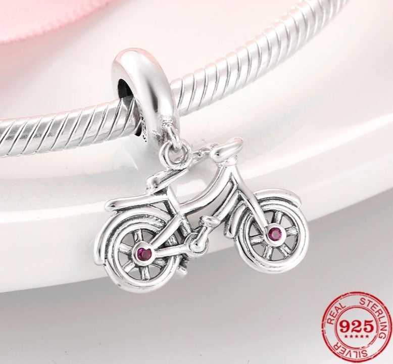 Cycolinks 925 Sterling Silver Bicycle Pink CZ Gems Charm - Cycolinks