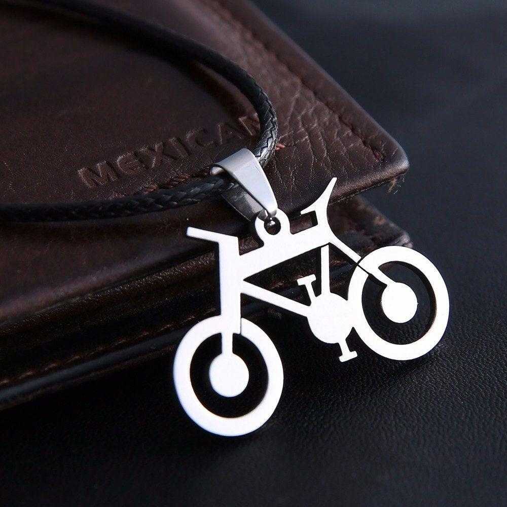 Cycolinks Bicycle Pendant Mens Necklace Leather Rope - Cycolinks