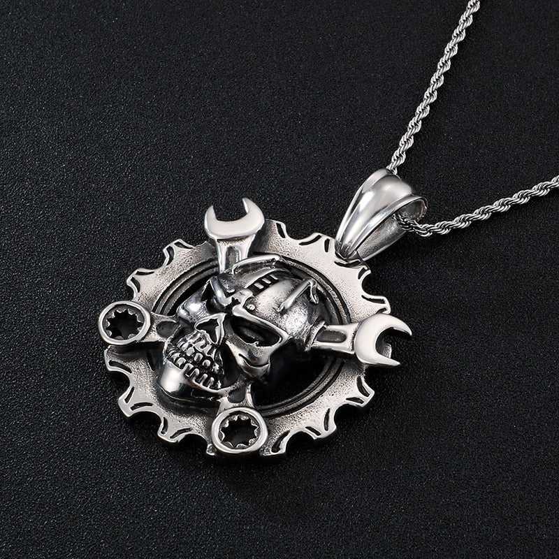 Cycolinks Ring Skull & Spanners Pendant Necklace - Cycolinks