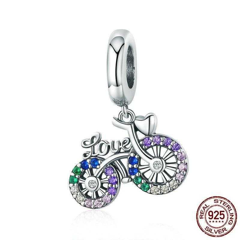 Cycolinks 925 Sterling Silver Crystal Love Bicycle Pendant Charm - Cycolinks