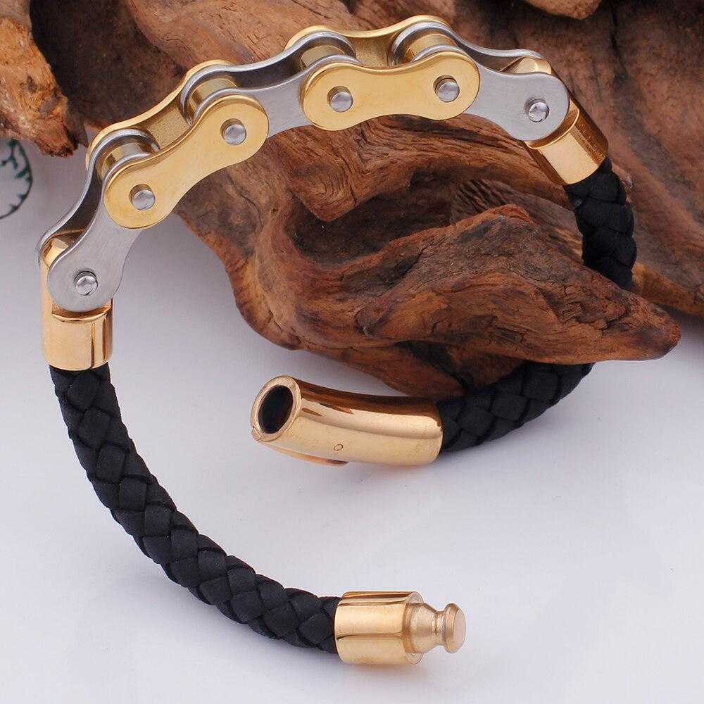 Cycolinks Leather Bike Chain Bracelet combining 316L stainless steel with genuine leather