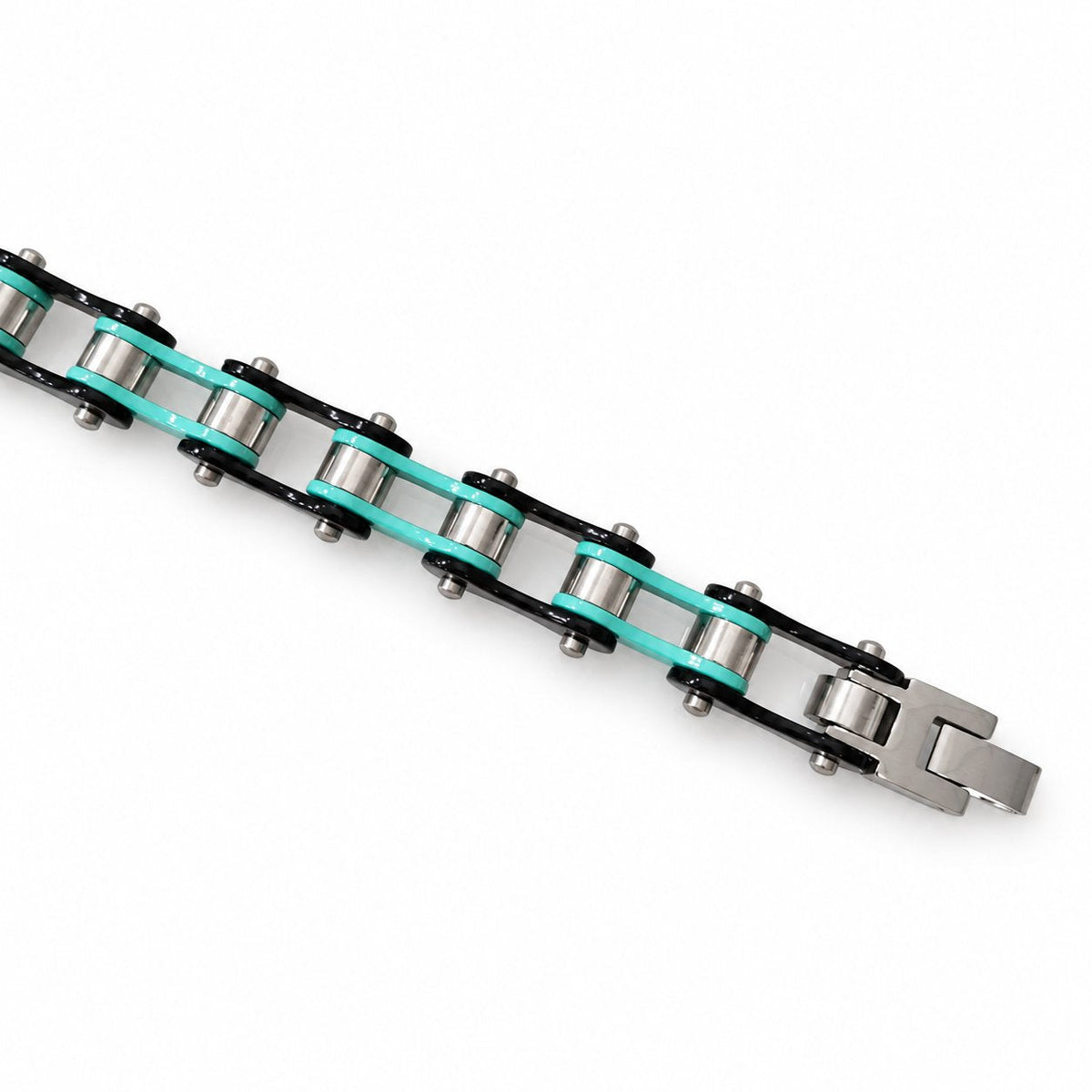 Bianchi Celeste & Black Bike Chain Bracelet – 10mm, clasp and chain detail on a clean white background