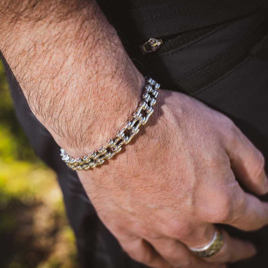 Sleek 8mm sterling silver bike chain bracelet close-up detail
