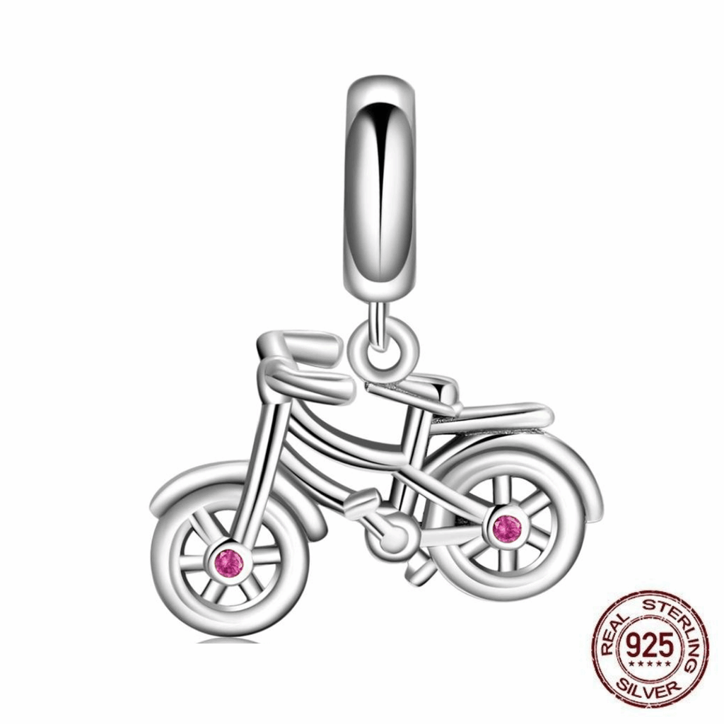 Cycolinks 925 Sterling Silver Bicycle Pink CZ Gems Charm - Cycolinks