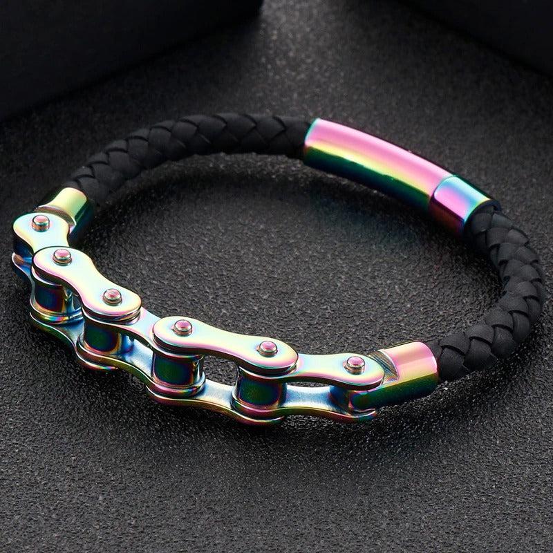 Rainbow Leather Bike Chain Bracelet