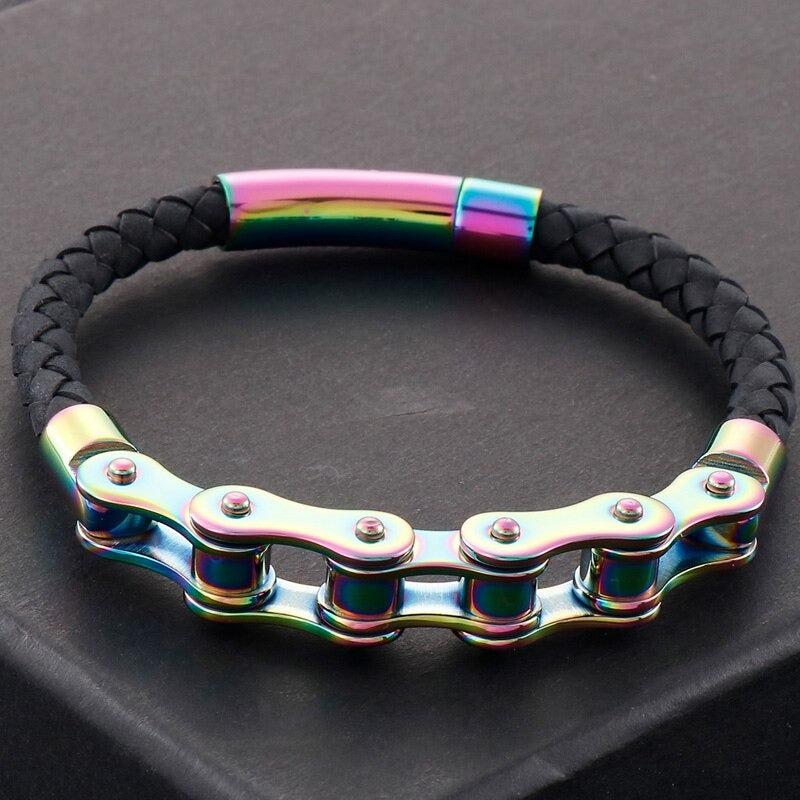 Rainbow Leather Bike Chain Bracelet