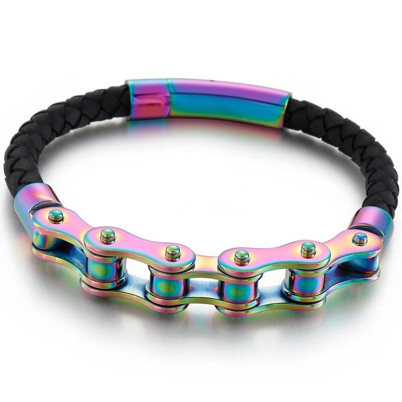 Rainbow Leather Bike Chain Bracelet